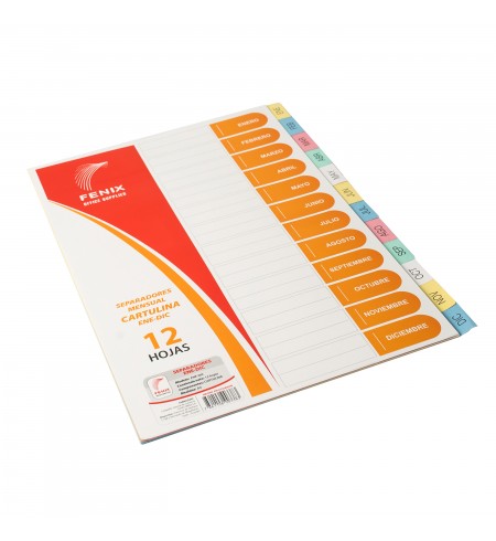 SEPARADORES DE CARTULINA A-4 COLORES FUNDA 12 MESES, FENIX